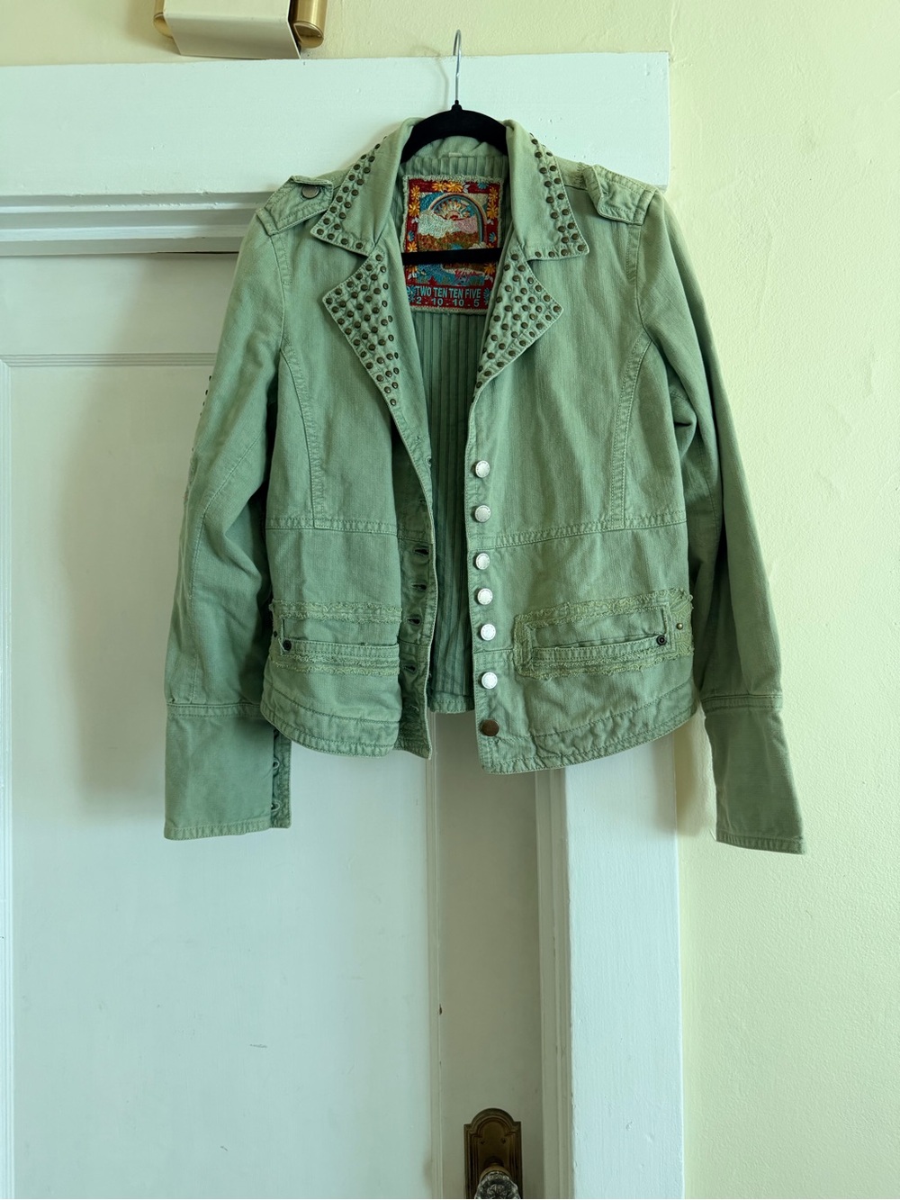 Johnny Was Two Ten Ten Five Green Studded Embroidered Military Jacket